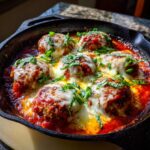 Close-up of a Skillet Meatball and Mozzarella Bake in a cast iron skillet, topped with fresh basil.