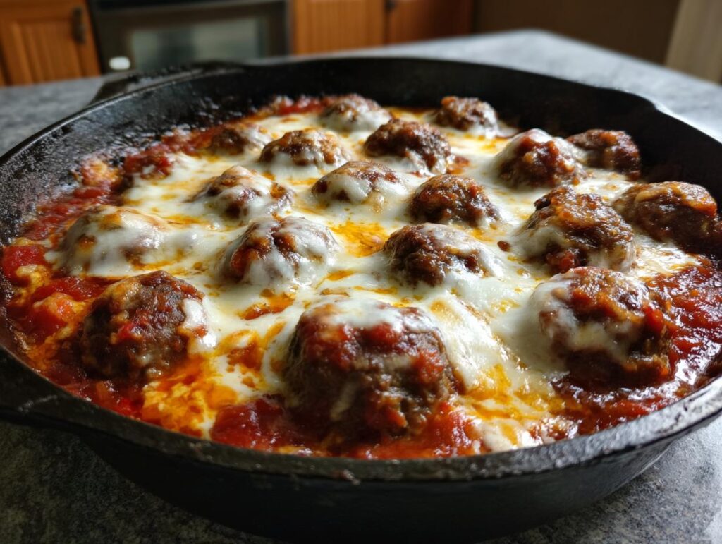 Close-up of a Skillet Meatball and Mozzarella Bake in a cast iron skillet, with melted mozzarella cheese.