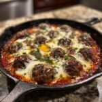 Close-up of a delicious Skillet Meatball and Mozzarella Bake in a cast iron skillet, topped with melted cheese.
