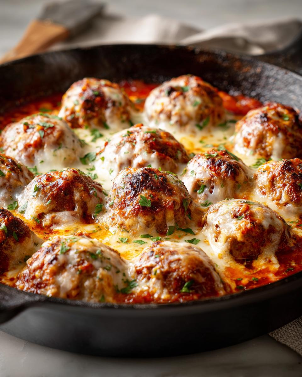 Close-up of a Skillet Meatball and Mozzarella Bake in a cast iron skillet, bubbling with melted cheese.