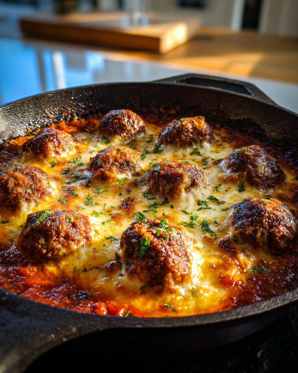 Close-up of a Skillet Meatball and Mozzarella Bake in a cast iron skillet, bubbling with cheese.