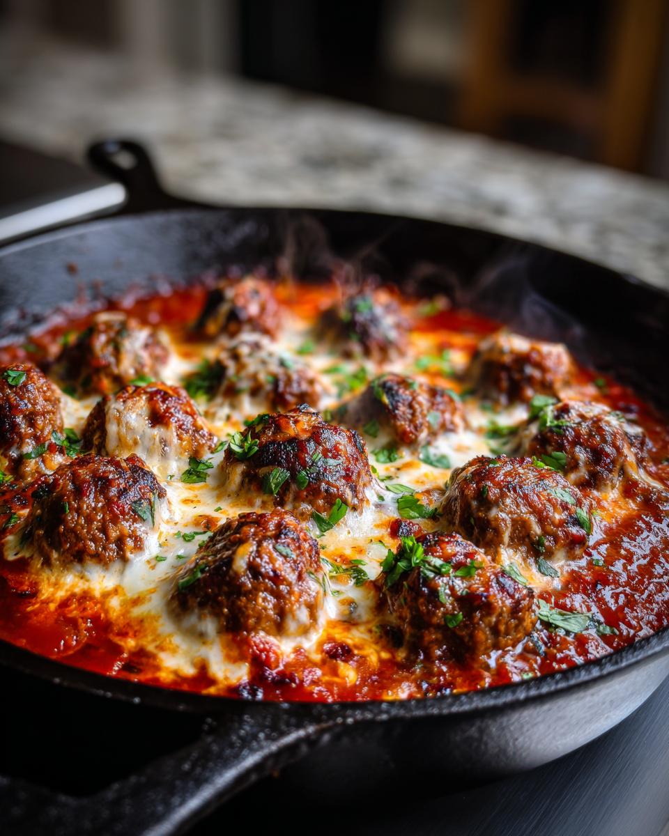 Close-up of a bubbling Skillet Meatball and Mozzarella Bake in a cast iron skillet, garnished with fresh herbs.