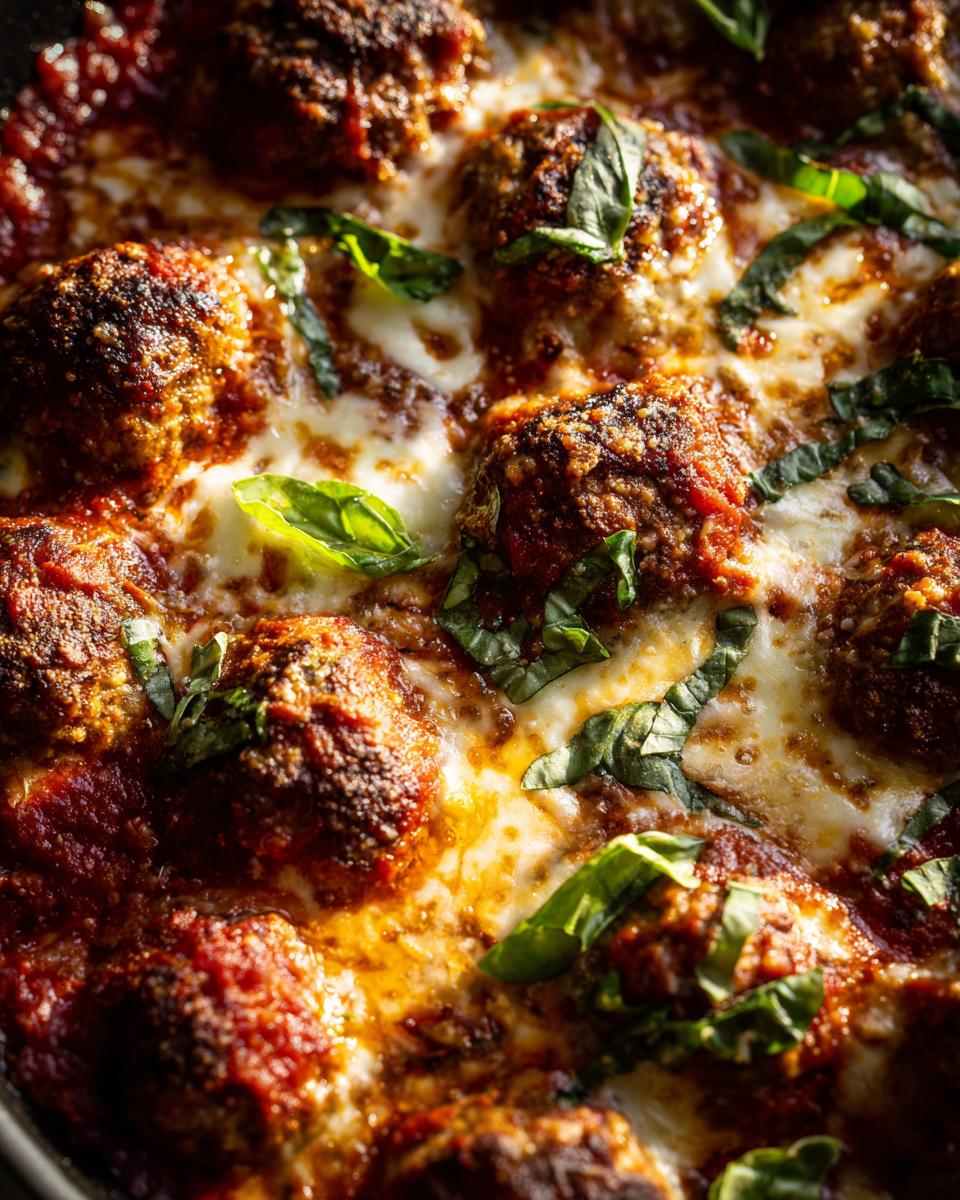 Close-up of a Skillet Meatball and Mozzarella Bake with melted cheese and fresh basil.