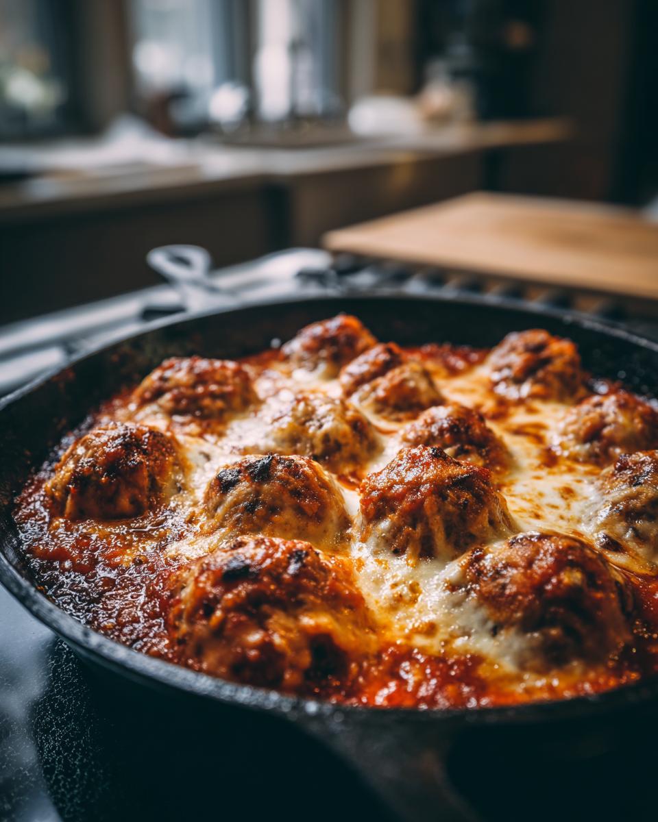 Close-up of a Skillet Meatball and Mozzarella Bake in a cast iron skillet, with melted mozzarella cheese.