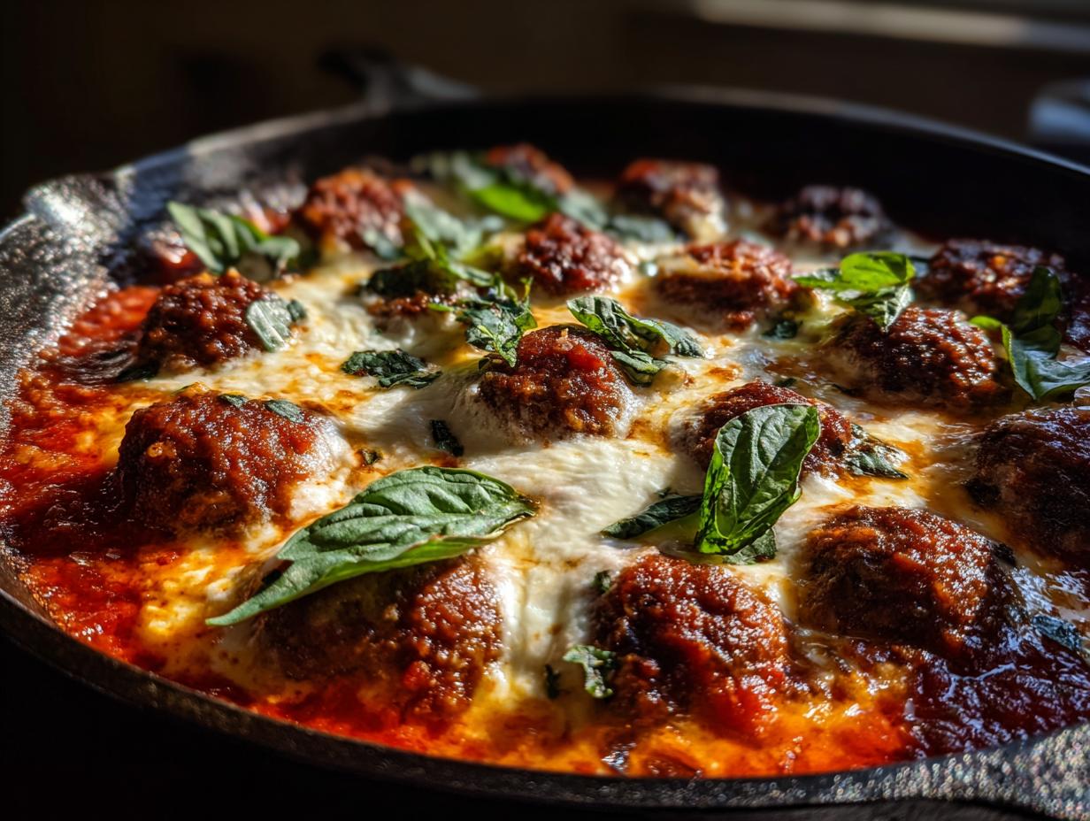 Close-up of a Skillet Meatball and Mozzarella Bake in a cast iron skillet, topped with fresh basil.