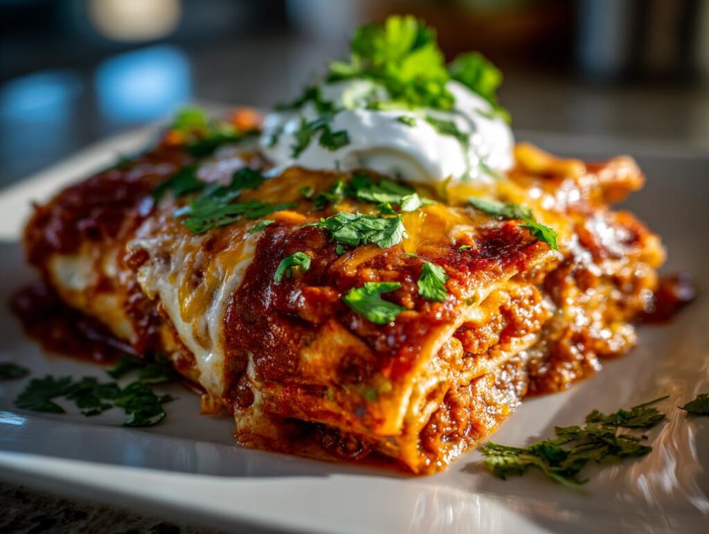 Close-up of a serving of Slow Cooker Bean and Cheese Enchiladas, topped with sour cream and cilantro.