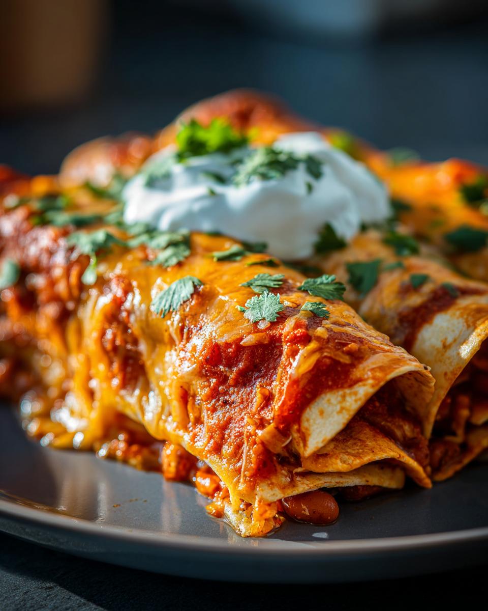 Close-up of Slow Cooker Bean and Cheese Enchiladas topped with sour cream and cilantro.