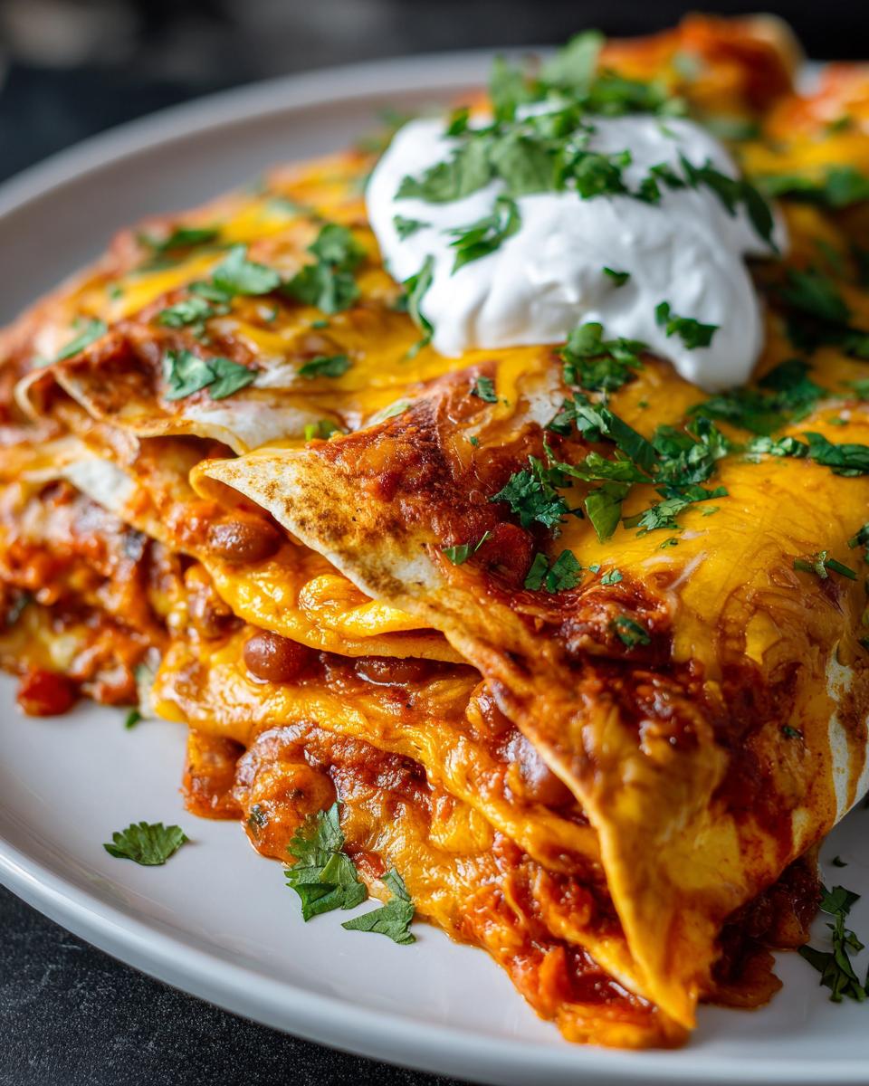 Close-up of Slow Cooker Bean and Cheese Enchiladas topped with sour cream and cilantro.