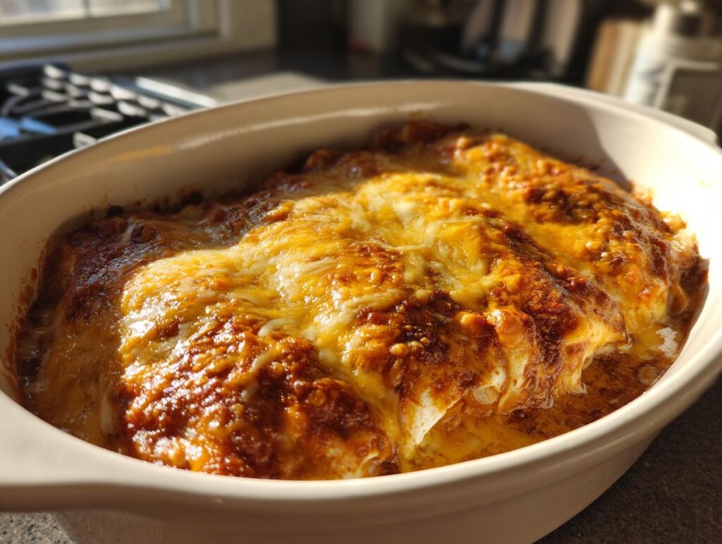 Close-up of baked Slow Cooker Bean and Cheese Enchiladas in a baking dish.