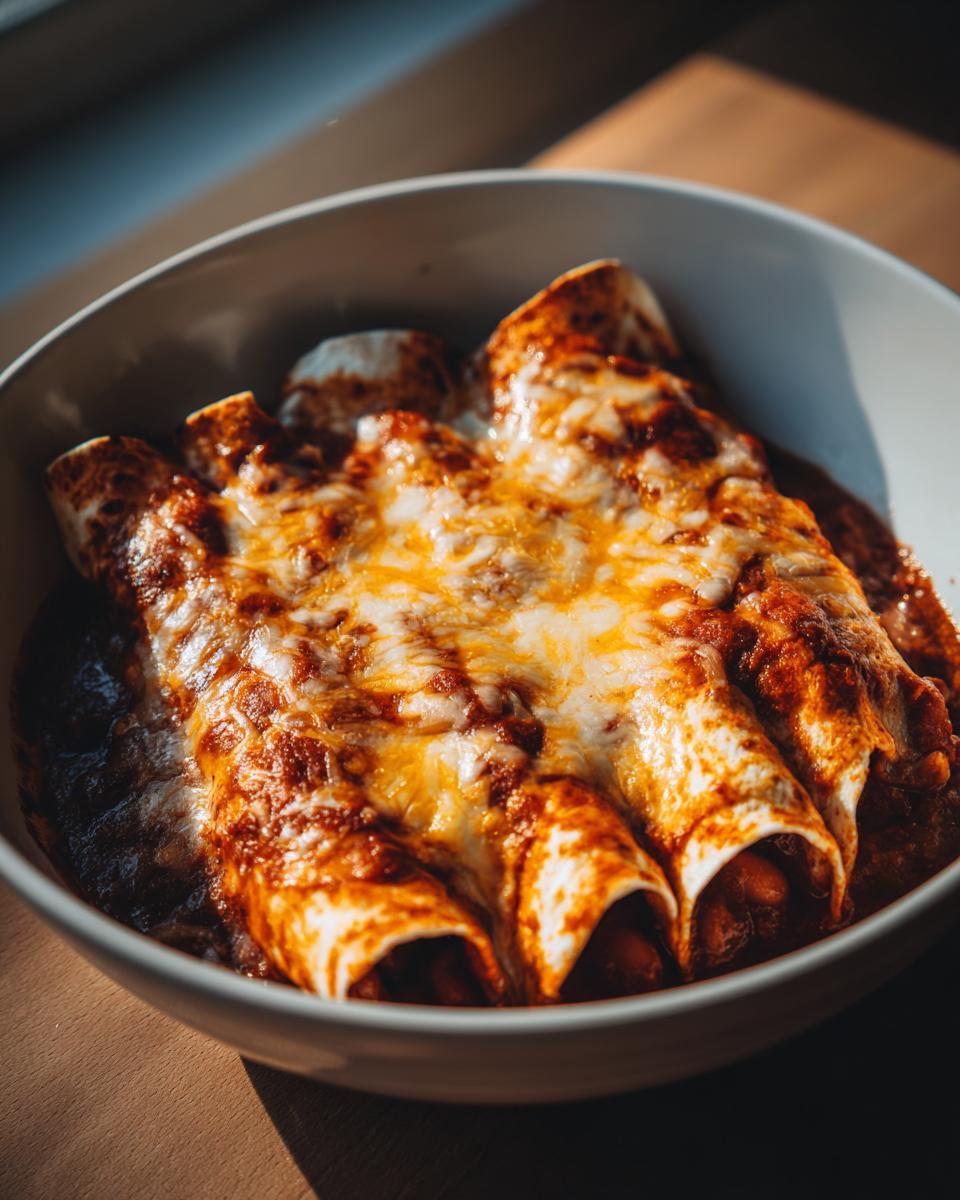Close-up of Slow Cooker Bean and Cheese Enchiladas in a white bowl, topped with melted cheese.