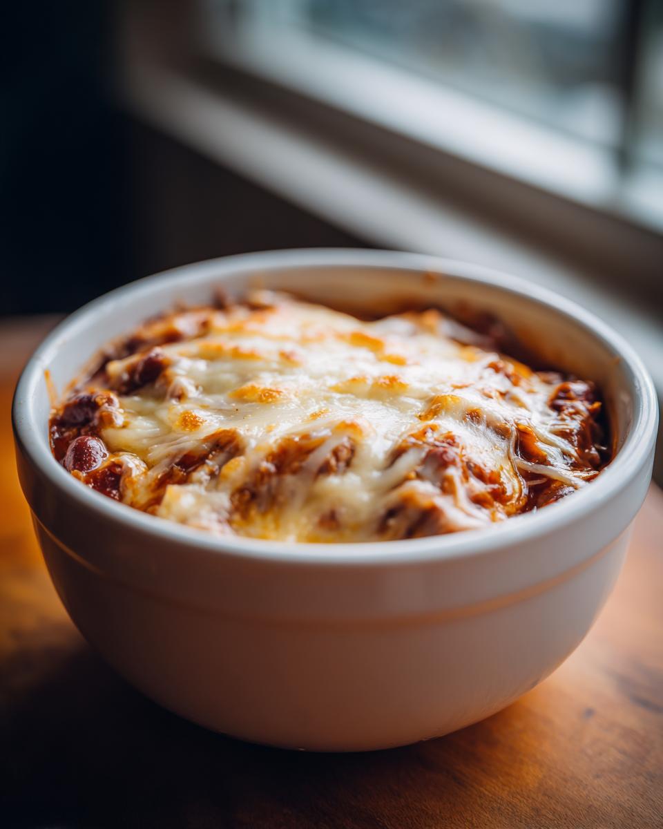 Close-up of a bowl of Slow Cooker Bean and Cheese Enchiladas, topped with melted cheese.