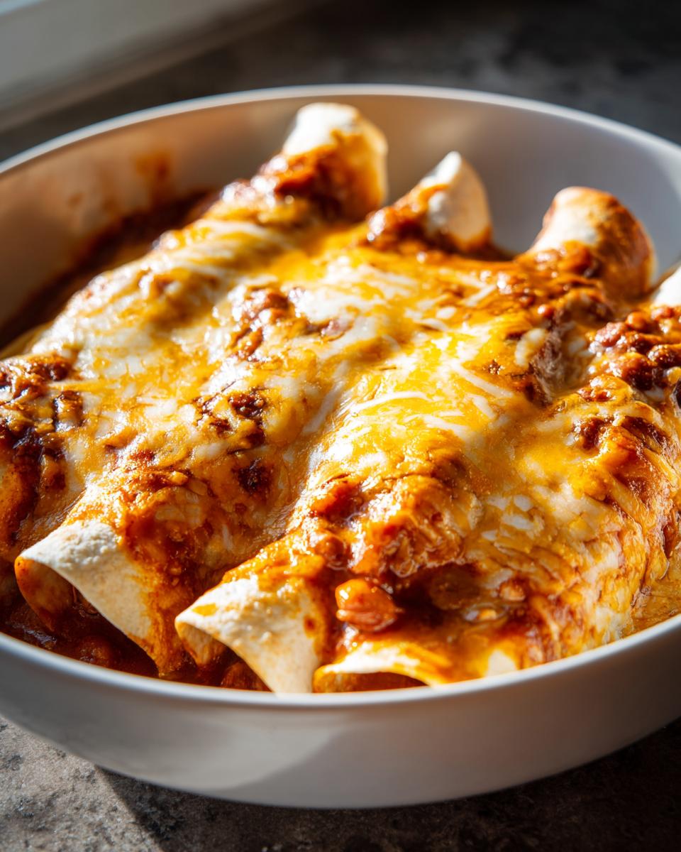 Close-up of Slow Cooker Bean and Cheese Enchiladas in a white bowl, topped with melted cheese and sauce.