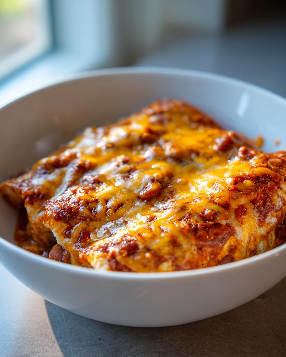 Close-up of Slow Cooker Bean and Cheese Enchiladas in a white bowl, topped with melted cheese.