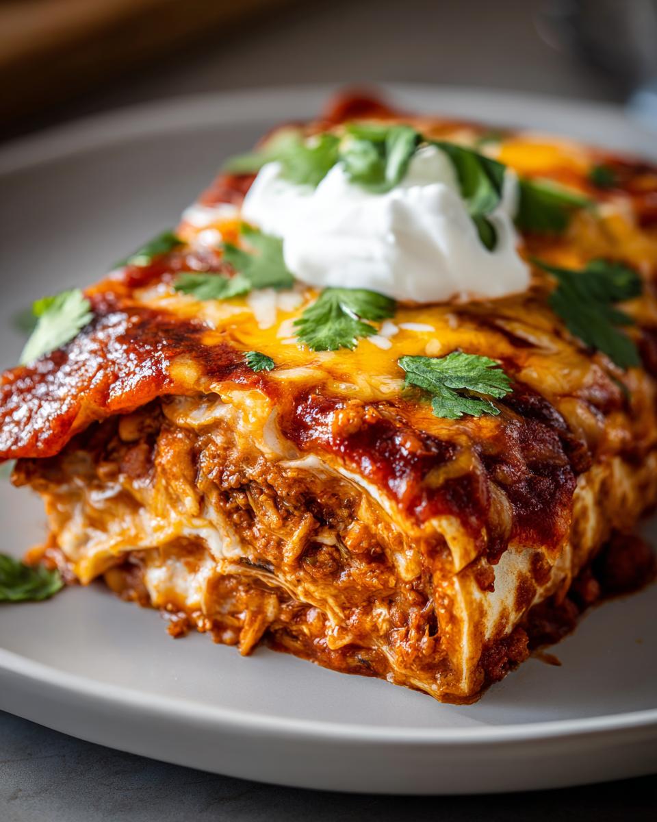 Close-up of a slice of Slow Cooker Bean and Cheese Enchiladas, topped with sour cream and cilantro.