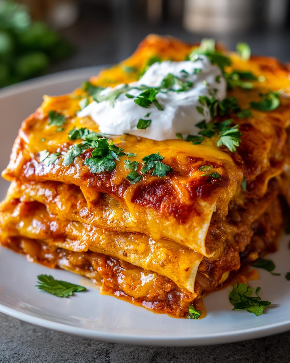 Close-up of a stack of Slow Cooker Bean and Cheese Enchiladas, topped with sour cream and cilantro.