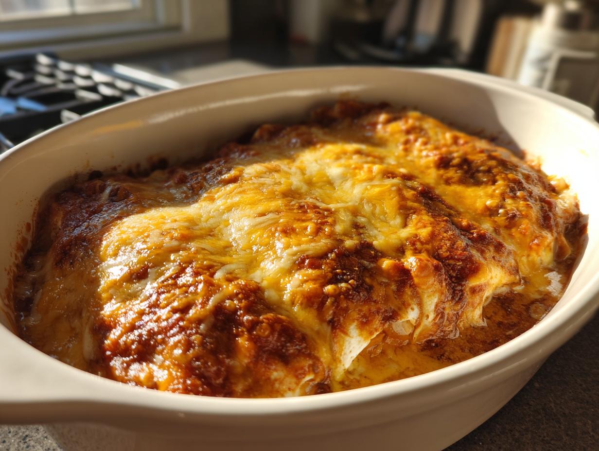 Close-up of baked Slow Cooker Bean and Cheese Enchiladas in a baking dish.