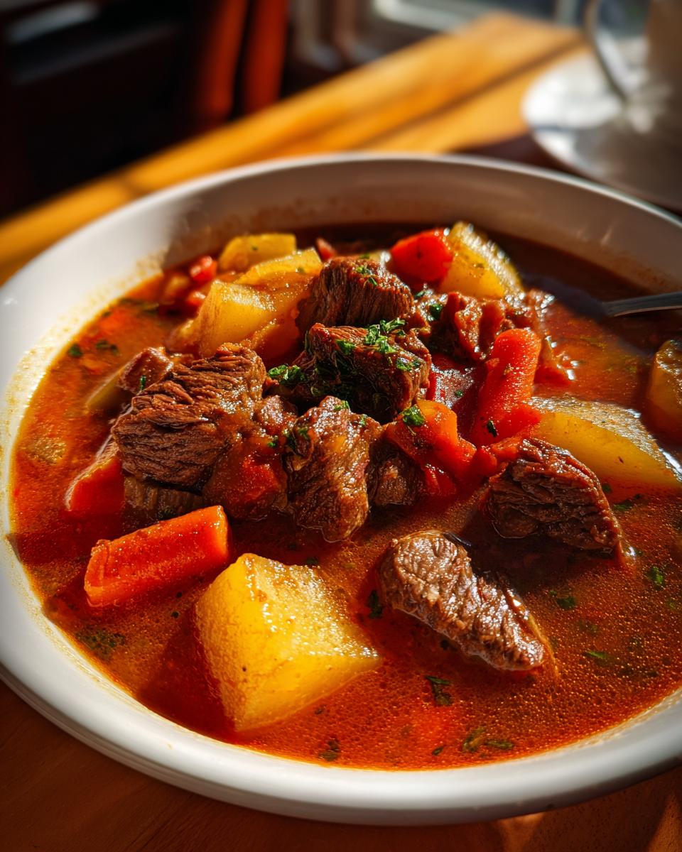Close-up of a bowl of Slow Cooker Beef Stew Soup with beef chunks, potatoes, carrots, and broth.
