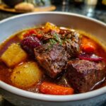 Close-up of a bowl filled with delicious Slow Cooker Beef Stew Soup, featuring tender beef and vegetables.