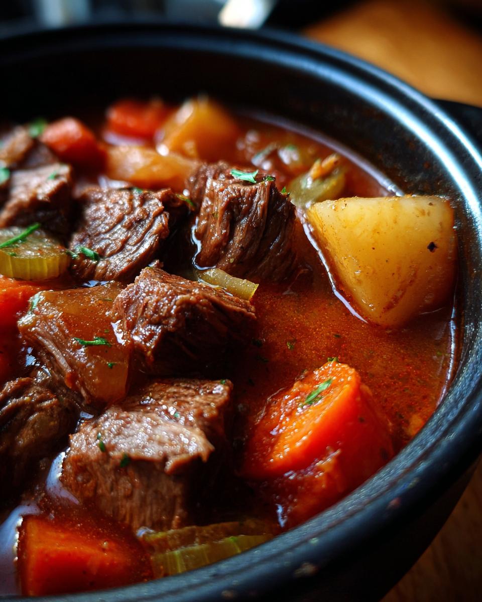 Close-up of a bowl of Slow Cooker Beef Stew Soup with tender beef, carrots, potatoes, and broth.