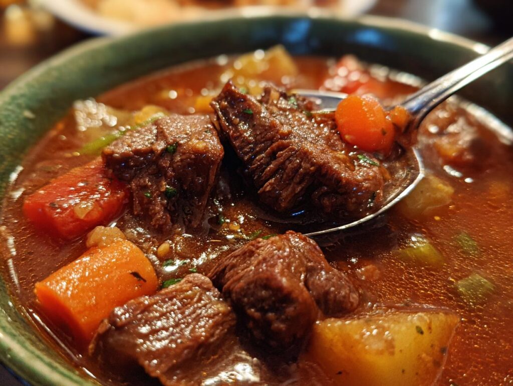 Close-up of a bowl of Slow Cooker Beef Stew Soup with chunks of beef, carrots, and potatoes.