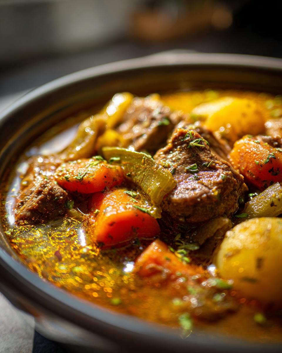 Close-up of a bowl of Slow Cooker Beef Stew Soup with beef, carrots, potatoes, and herbs.