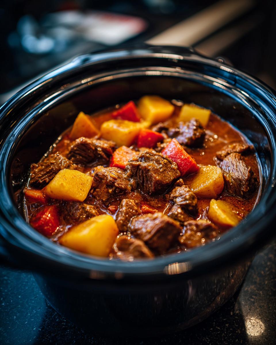 Close-up of Slow Cooker Beef Stew Soup with chunks of beef, potatoes, and vegetables.