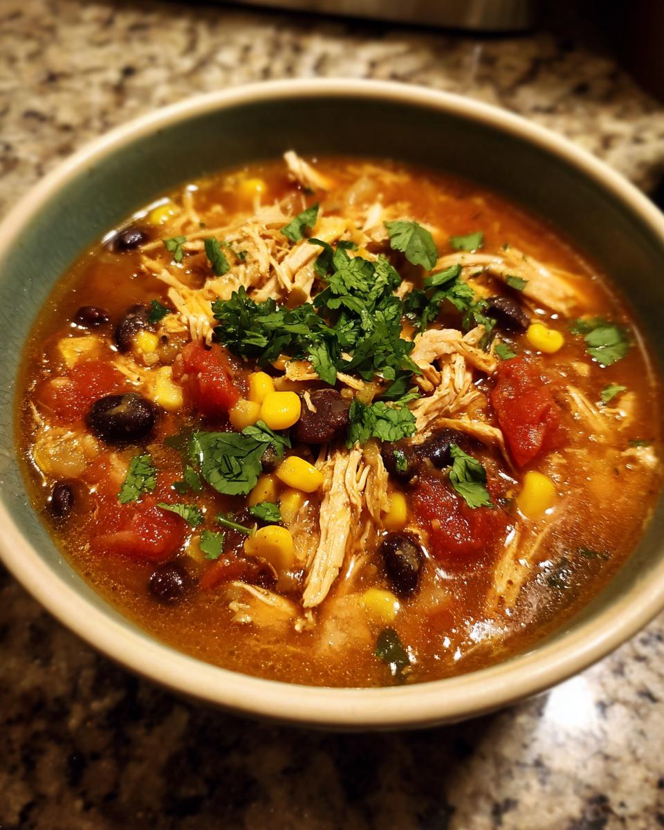 Close-up of a bowl of Slow-Cooker Creamy Tortilla Soup with chicken, corn, and black beans.