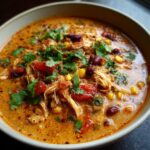 Close-up of a bowl of Slow-Cooker Creamy Tortilla Soup with chicken, beans, corn, and cilantro.