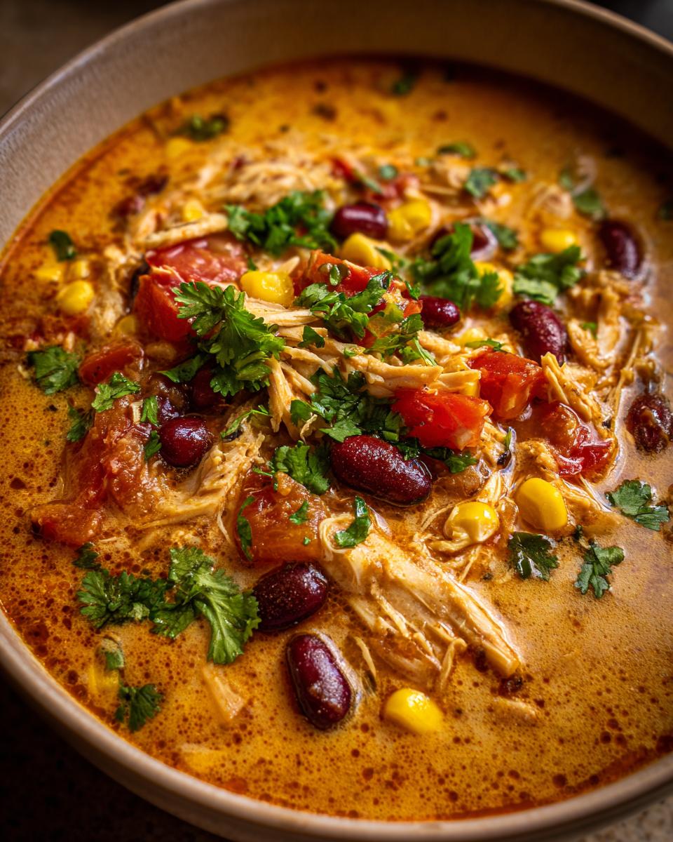 Close-up of a bowl of Slow-Cooker Creamy Tortilla Soup with chicken, beans, corn, and cilantro.