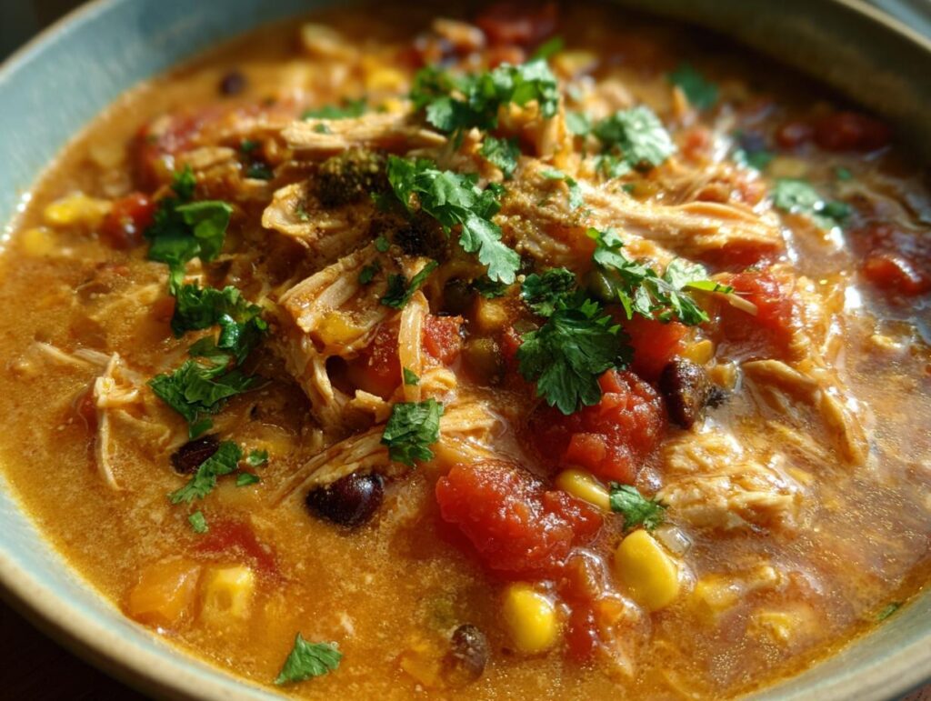 Close-up of a bowl of Slow-Cooker Creamy Tortilla Soup with chicken, tomatoes, corn, and cilantro.