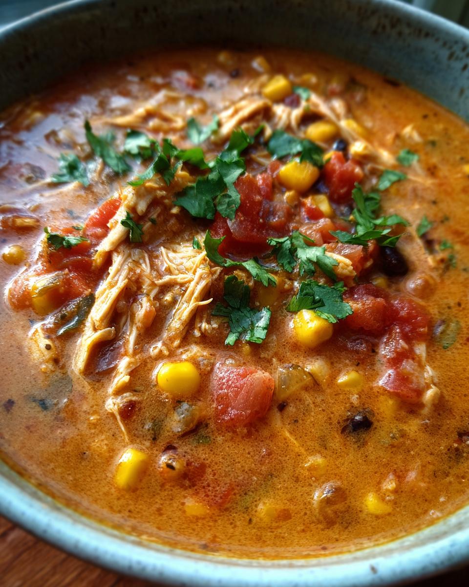 Close-up of creamy Slow-Cooker Creamy Tortilla Soup with chicken, corn, and tomatoes.