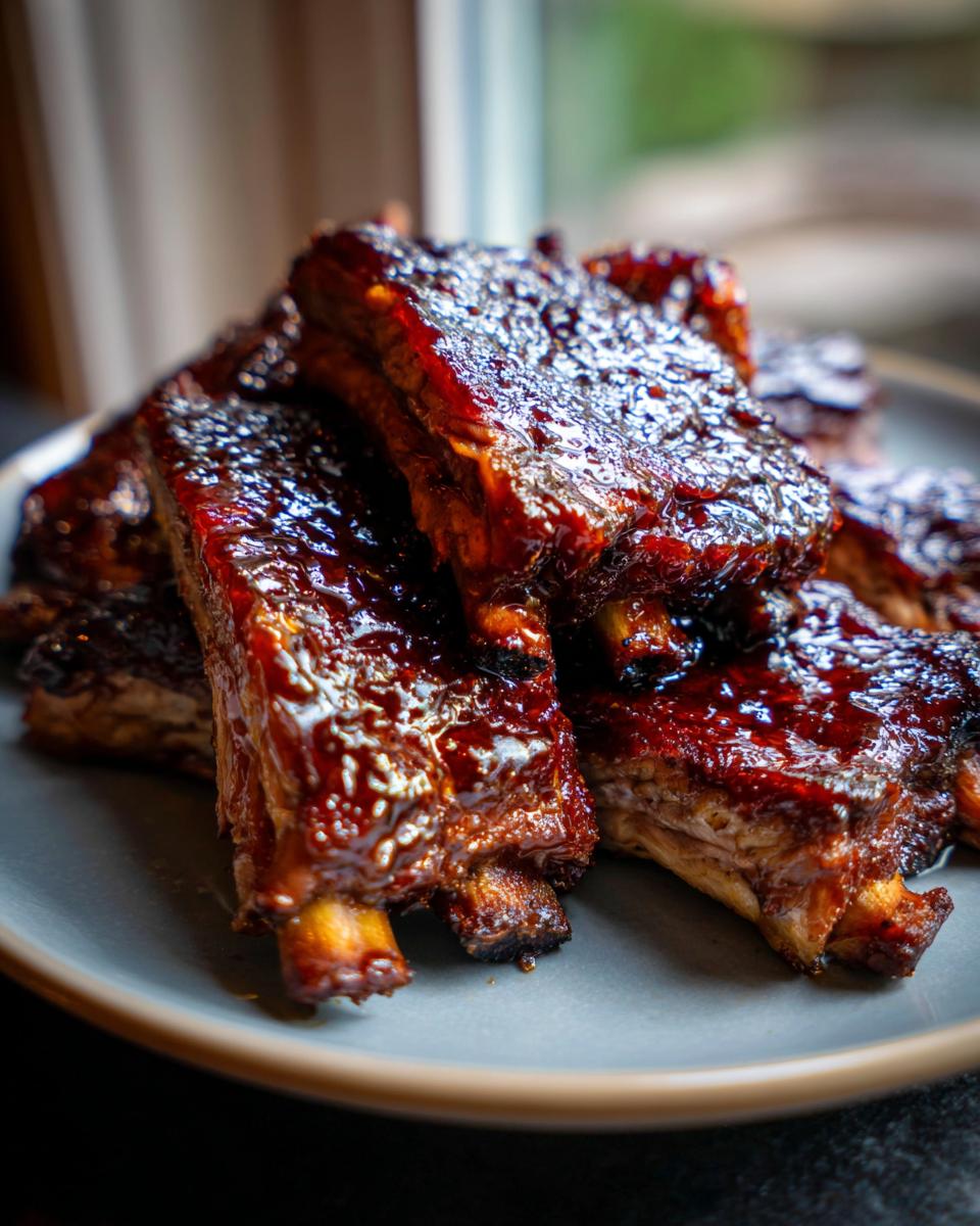 Close-up of a pile of Slow Cooker Honey Garlic Pork Ribs, glazed and glistening on a plate.