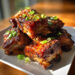 Close-up of juicy Slow Cooker Honey Garlic Pork Ribs, garnished with green onions.