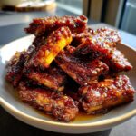 Close-up of a bowl of Slow Cooker Honey Garlic Pork Ribs, glazed and glistening.