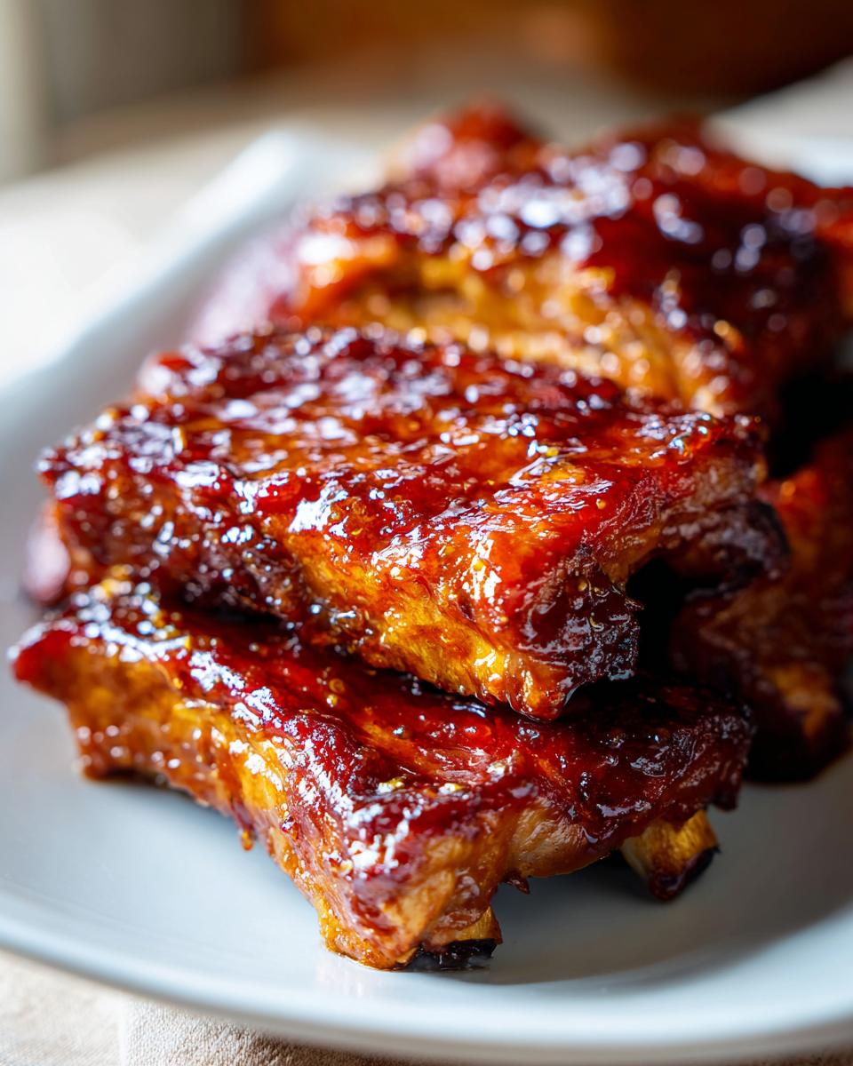 Close-up of juicy Slow Cooker Honey Garlic Pork Ribs, glazed and ready to eat, served on a white plate.
