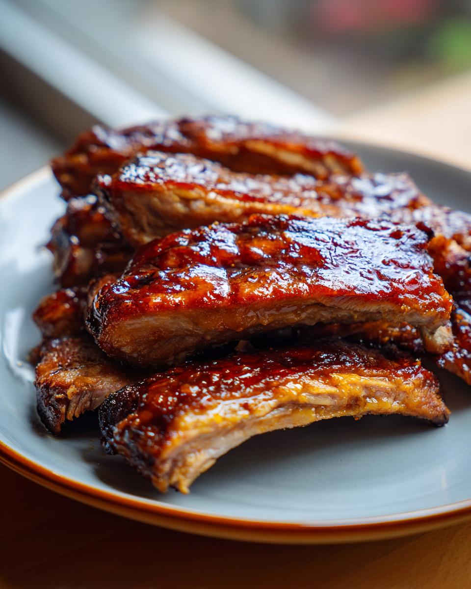 Close-up of tender Slow Cooker Honey Garlic Pork Ribs on a plate, glazed with sauce.