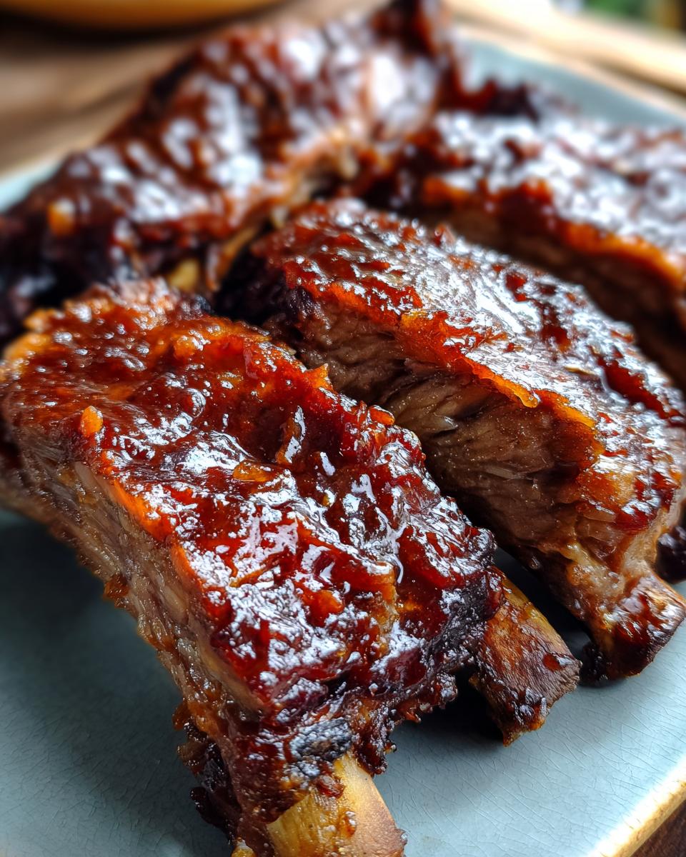 Close-up of tender Slow Cooker Honey Garlic Pork Ribs, glistening with sauce, on a plate.