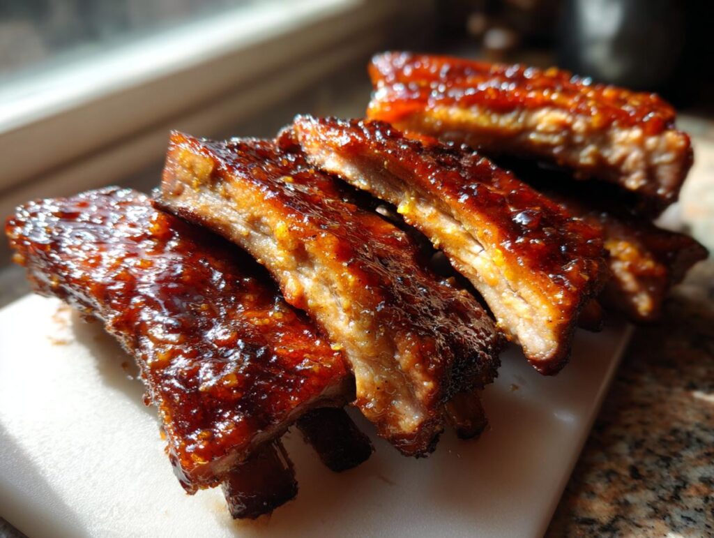 Close-up of tender Slow Cooker Honey Garlic Pork Ribs, glazed and ready to eat.