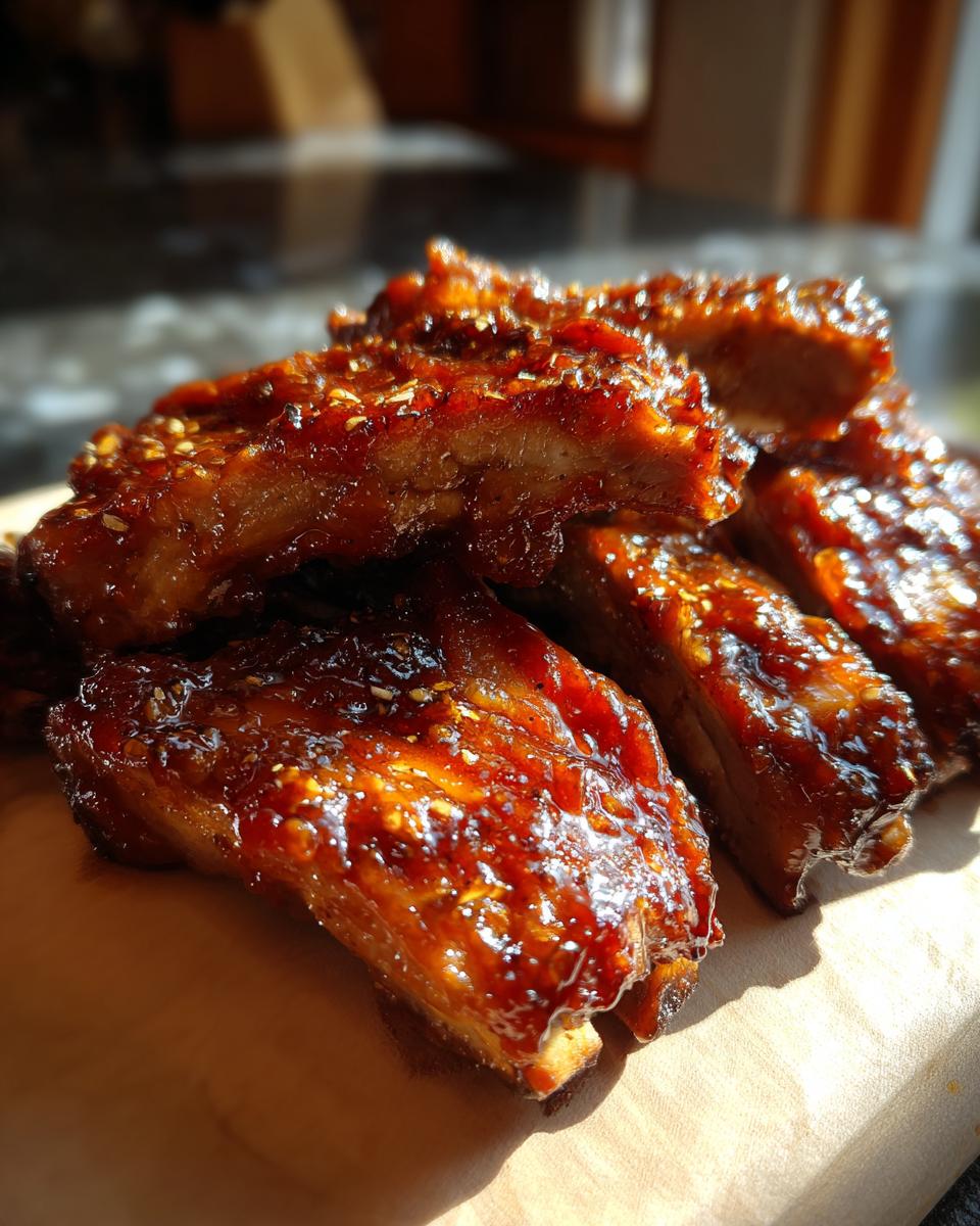 Close-up of tender Slow Cooker Honey Garlic Pork Ribs, glazed with a sticky sauce.