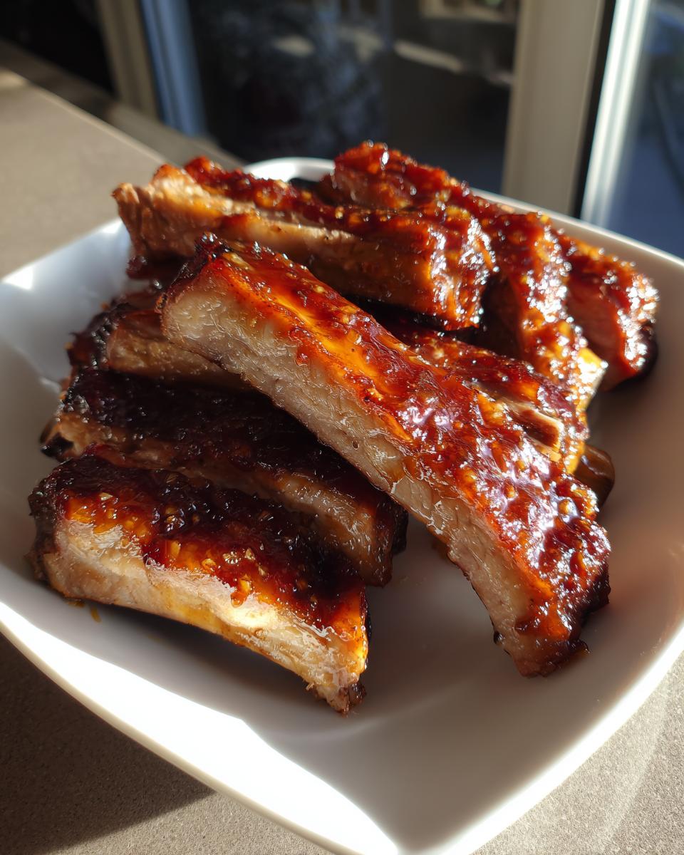 Close-up of tender Slow Cooker Honey Garlic Pork Ribs on a white plate.
