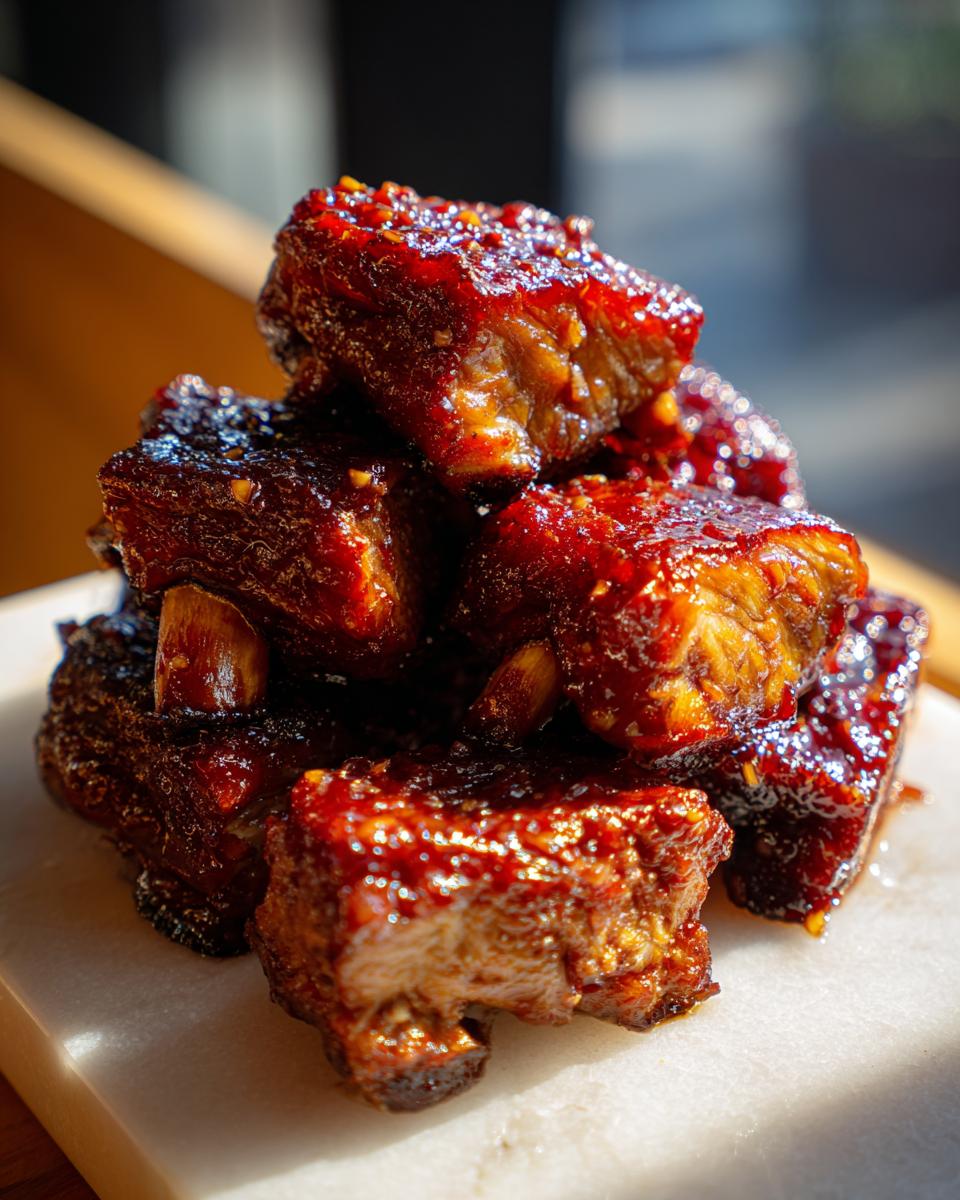 Close-up of tender Slow Cooker Honey Garlic Pork Ribs, glazed with a sweet and savory sauce.