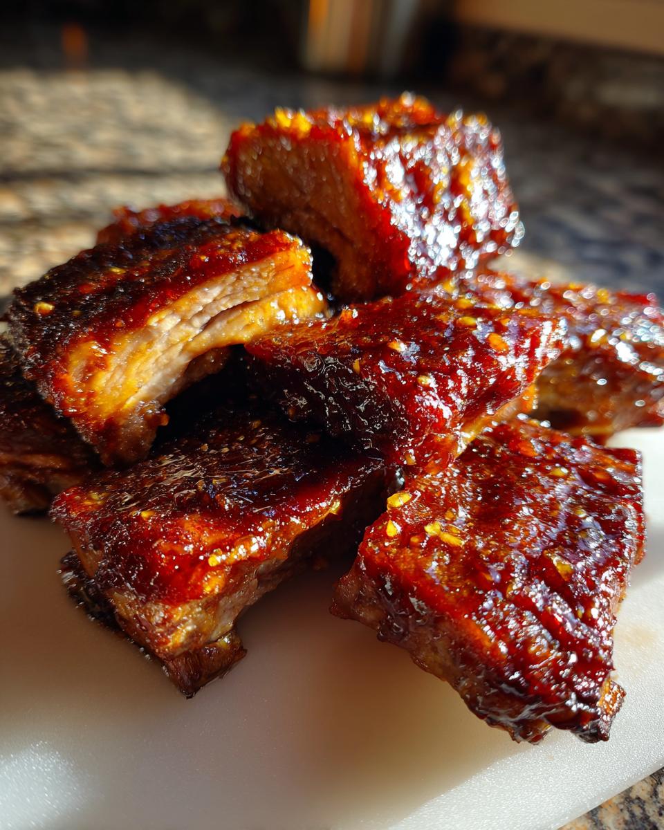 Close-up of tender Slow Cooker Honey Garlic Pork Ribs, glazed with a sweet and savory sauce.