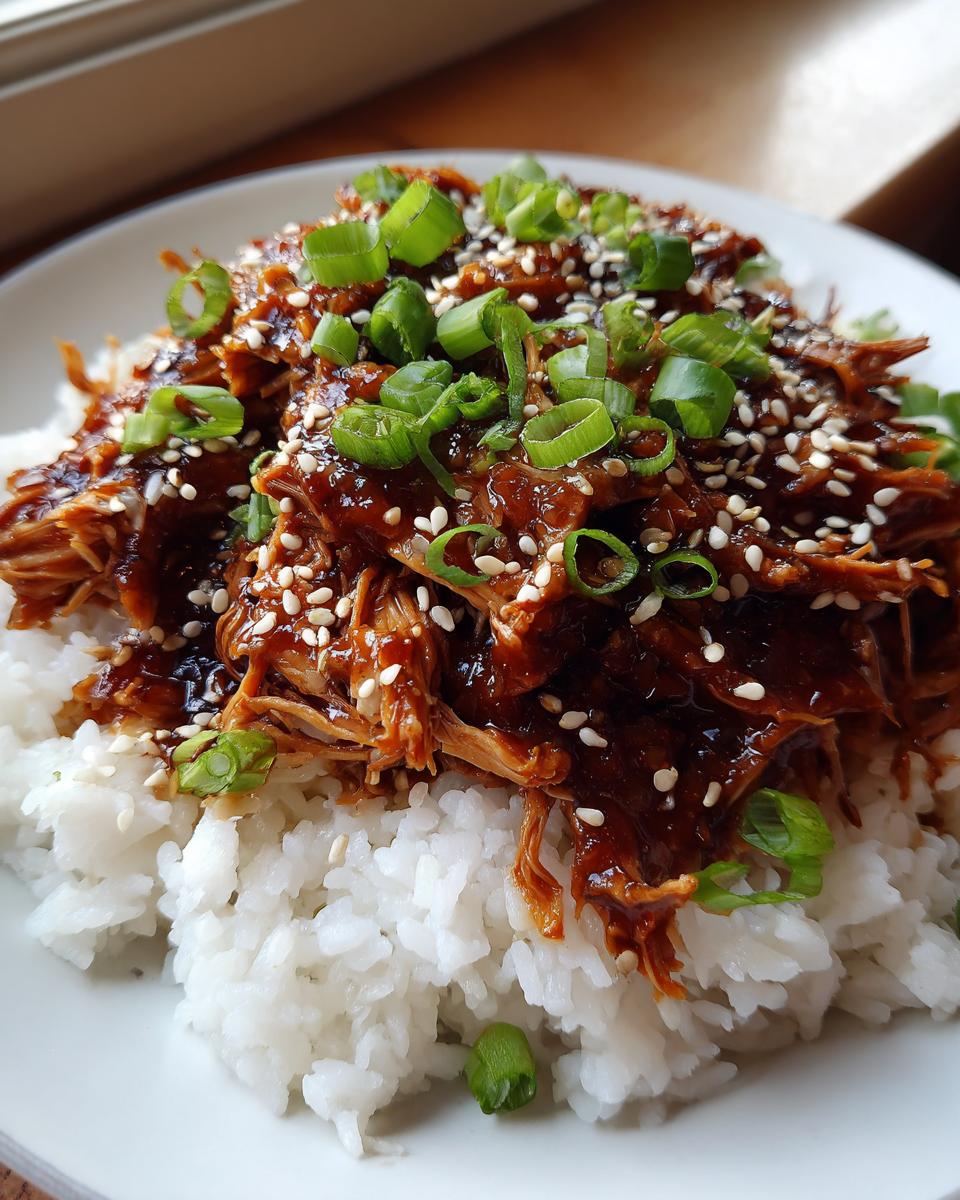 A close-up of shredded Slow Cooker Teriyaki Chicken served over white rice, garnished with sesame seeds and chopped green onions.