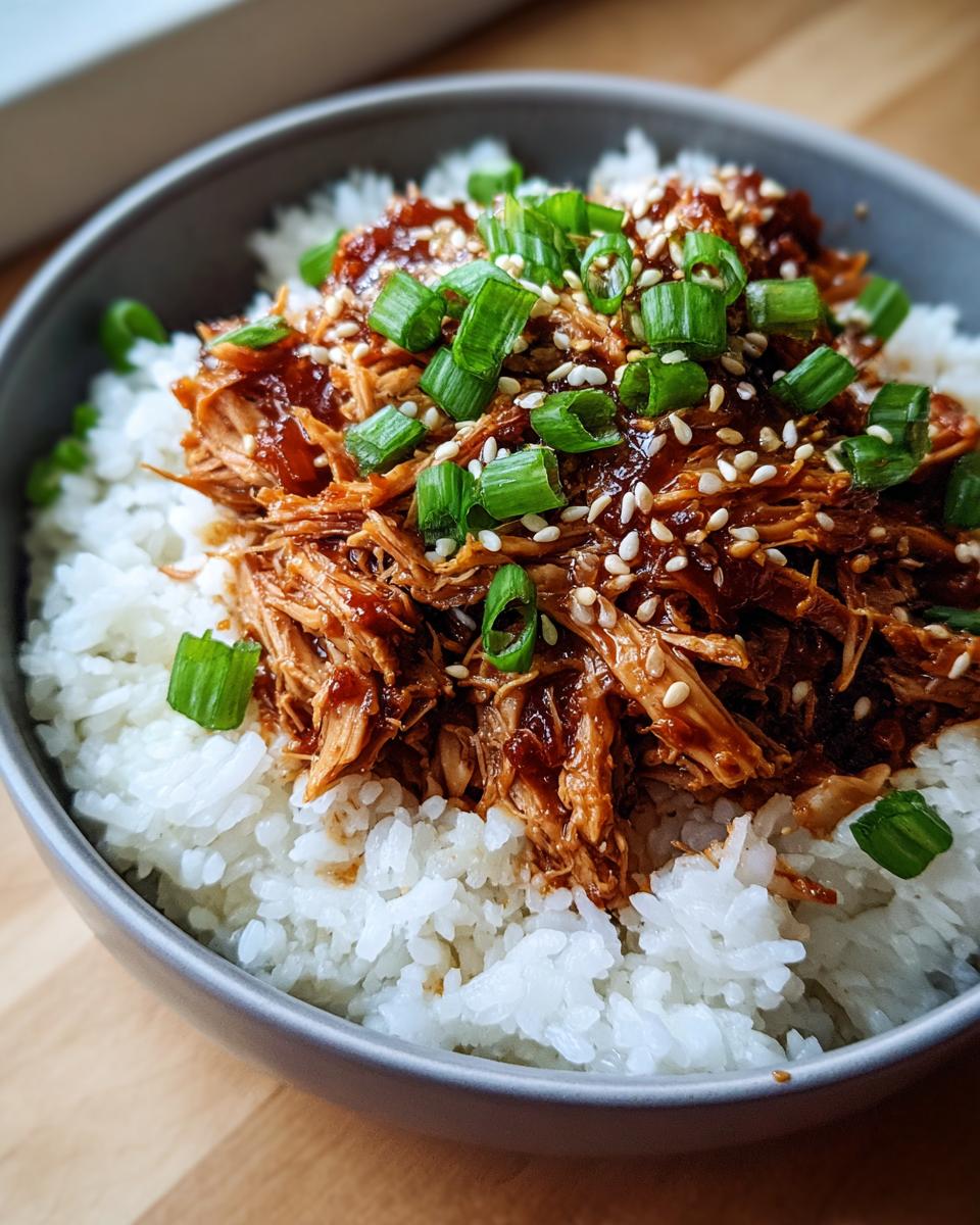 A bowl of fluffy white rice topped with shredded Slow Cooker Teriyaki Chicken, garnished with green onions and sesame seeds.