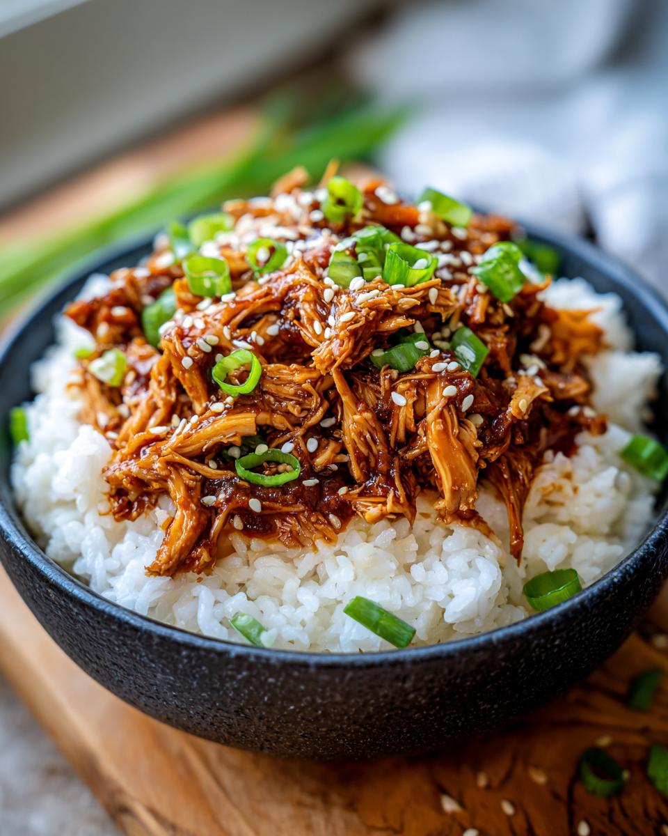 A bowl of fluffy white rice topped with shredded Slow Cooker Teriyaki Chicken, garnished with sesame seeds and chopped green onions.