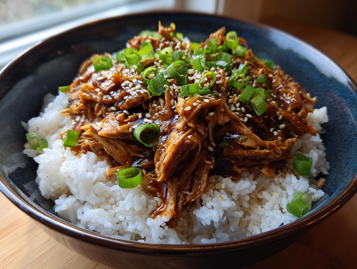 A bowl of fluffy white rice topped with shredded Slow Cooker Teriyaki Chicken, garnished with sesame seeds and green onions.