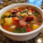 Close-up of a bowl of Smoked Sausage & Potato Soup with vegetables and sausage.