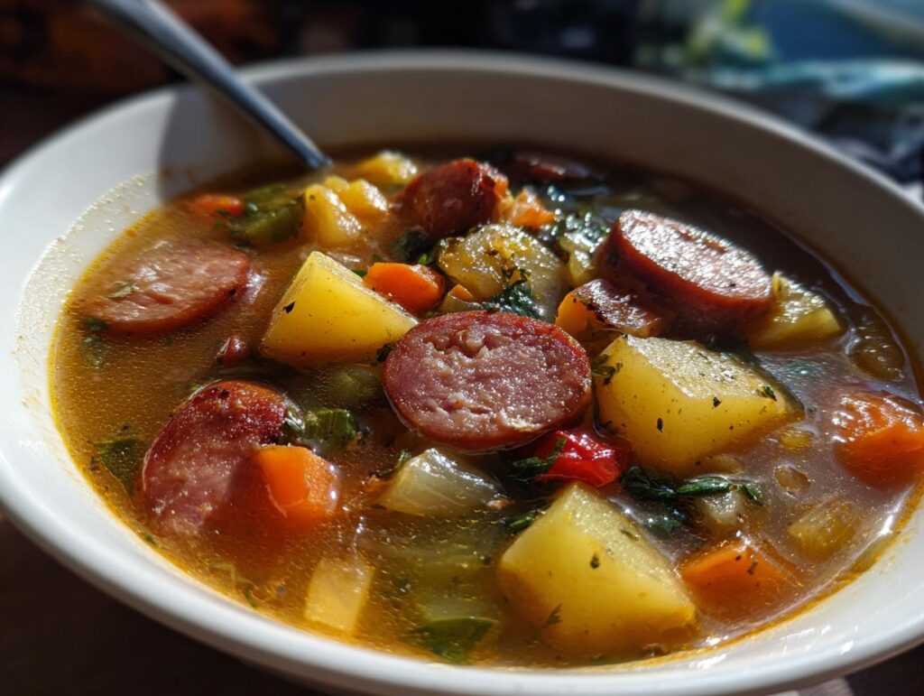 Close-up of a bowl filled with Smoked Sausage & Potato Soup, featuring sausage, potatoes, and vegetables.