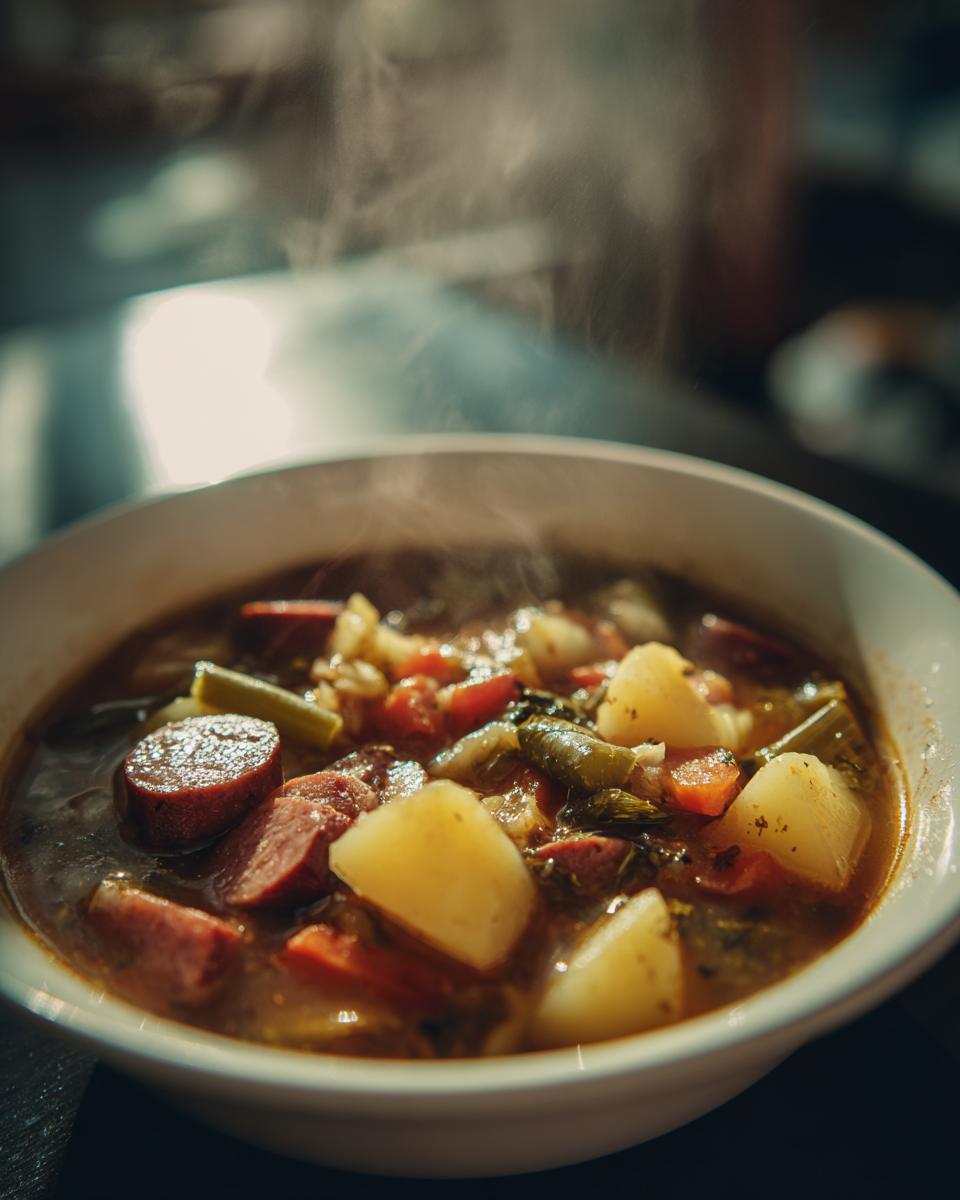 Close-up of a bowl of Smoked Sausage & Potato Soup with potatoes, sausage, and vegetables.