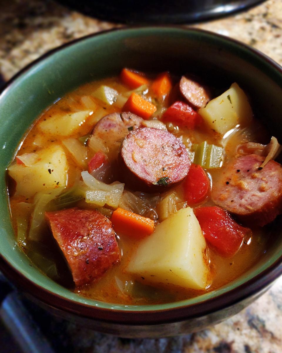 Close-up of a bowl of Smoked Sausage & Potato Soup with sausage, potatoes, and vegetables.
